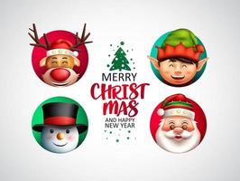Christmas characters vector design. Merry christmas greeting text with smiling xmas character in circle for holiday season celebration card. Vector illustration.