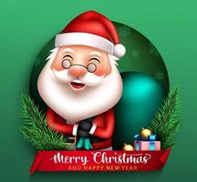 Christmas santa vector concept design. Merry christmas text with cute smiling santa claus holding sack bag element for xmas greeting card background. Vector illustration.