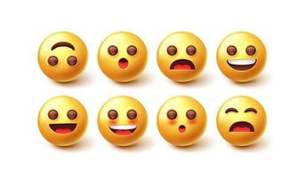 Emoji characters vector set. Emoticon 3d graphic design in happy, jolly and surprised cute facial emotion for emojis expression collection elements. Vector illustration.