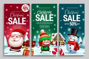 Christmas sale vector poster set. Christmas sale text with off price discount for xmas seasonal shopping and business promotion banner ads. Vector illustration.