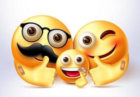 Diseño de banner de vector de vacuna covid de familia emoji. emoticon 3d personajes familiares vacunados en expresiones felices y seguras con elemento de curita para emoticonos de vacunación covid-19. ilustración vectorial