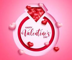 Diseño de fondo de vector de anillo de San Valentín. Texto de saludo de feliz día de San Valentín en forma de corte de papel de anillo con elemento de corazones 3d para el diseño de propuesta de matrimonio romántico de San Valentín. ilustración vectorial