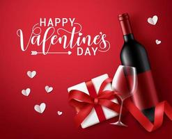 Valentines day vector banner template. Happy valentines day greeting typography with valentine elements of champagne, wine glass and gift with empty space for text and messages in red background.