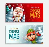 Conjunto de banner de vector de personajes de Navidad. Texto de saludo de feliz Navidad con santa claus y personaje de duende con regalo y bastón de caramelo para la colección de diseño de Navidad. ilustración vectorial.