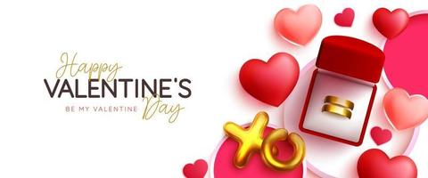 Valentines ring gift vector design. Happy valentine's day text with gold couple rings present in white background for hearts day invitation and romantic proposal. Vector illustration.