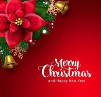 Merry christmas vector design. Merry christmas text with poinsettia flower element in red background for xmas holiday season background. Vector illustration.