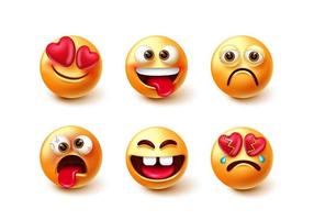 Emoticons characters vector set. Emoticon 3d emojis isolated in white background with funny, crazy, in love and broken heart facial expression for emoji character collection design.