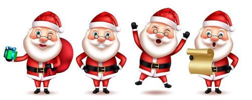 Navidad santa conjunto de vectores de caracteres. santa claus personajes navideños en 3d en pose de pie sosteniendo un regalo y un elemento de carta para gente amigable colección de diseño navideño. ilustración vectorial.