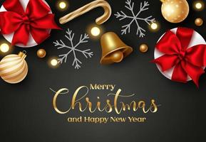 Merry christmas vector background. Merry christmas and happy new year greeting text in space for messages with gifts, bell, balls and snowflakes elements for xmas card design. Vector illustration