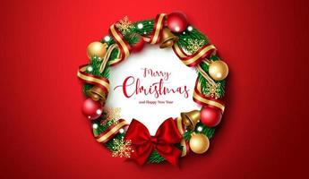 Christmas wreath vector design. Merry christmas and happy new year greeting text in wreath fir branches element with colorful ball, bell and ribbon xmas decoration in red background.