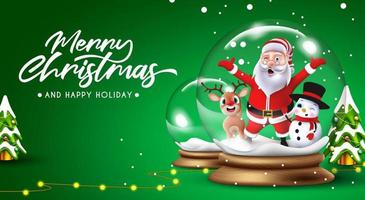 Diseño de fondo de vector de saludo de Navidad. texto de feliz navidad con personajes de santa claus, muñeco de nieve y renos de pie en una bola de cristal para la temporada navideña. ilustración vectorial.