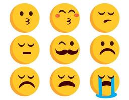 Emojis flat emoticon vector set. Emoticons characters in kissing, crying and sad mood expressions isolated in white background for emoji character design. Vector illustration.