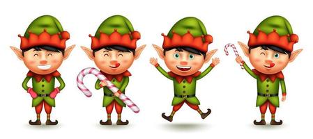 conjunto de vectores de caracteres navideños de elfos. Personajes de elfos 3d de niño pequeño con expresión sonriente saltando y sosteniendo gestos de bastón de caramelo para la colección de diseño gráfico de Navidad. ilustración vectorial.