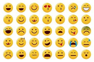 Emoticon emojis vector set. Emoji face icon with smiling, in love and laughing facial expressions isolated in white background for cute flat emoticons collection design. Vector illustration.