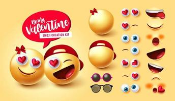 conjunto de vectores de creador de pareja de emojis. Personaje de emoji valentines en kit 3d con expresión facial editable de emoticonos de amantes lindos para el diseño de creación de rostros de San Valentín. ilustración vectorial.