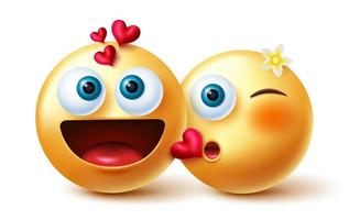 Emoji couple vector concept design. Emoji 3d inlove characters in kissing gesture with romantic feelings and expression for lovers emoticon valentines character. Vector illustration.