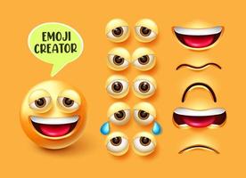 conjunto de vectores de creador de emoji. Emoticon personaje 3d en expresiones faciales de feliz, triste y enojado con elementos editables de ojos y boca para el diseño de emociones emojis. ilustración vectorial