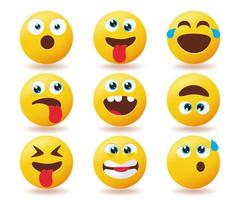 Emoji emoticons reaction vector set. Emoticons icon characters with funny and weird smileys collection isolated in white background for emojis facial expression design. Vector illustration.