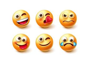 Emoji characters vector set. Emoticon 3d icon with laughing, smiling, funny and upset mood facial expressions isolated in white background for character emoticons collection design.