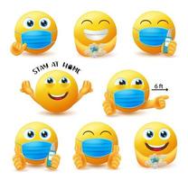 Covid-19 guidelines emoji vector set. Emoticon 3d characters in covid safety guidelines like wearing face mask and stay at home for pandemic safety emoji collection design. Vector illustration
