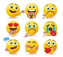 Emoji suitor characters vector set. Emoticons admirer holding and giving flowers with happy and sad expression for valentine in love and broken character design. Vector illustration.