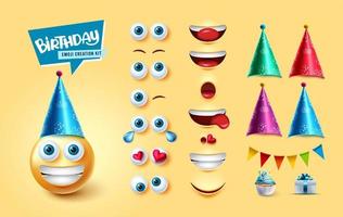 cumpleaños emojis kit creador conjunto de vectores. emoji 3d personaje del día del nacimiento con partes de la cara editables y elementos como sombreros de fiesta, banderines y regalos para el diseño de la colección de reacciones de caras lindas. vector