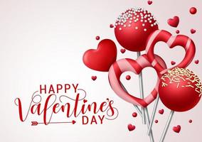 Valentine candies vector background template. Happy valentines greeting text with valentines candy and lollipop elements in heart and round shape with toppings in gray background. Vector illustration.