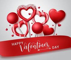 concepto de fondo de vector de San Valentín. Feliz día de San Valentín texto de saludo con elementos de caramelo y piruleta de San Valentín en forma de corazón y redonda en cinta roja o lazo. ilustración vectorial.