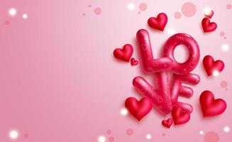 Valentine's day vector background design. Happy valentines day text with hearts, arrow and confetti doodle shape 3d elements in pink space for greeting messages decoration. Vector illustration.