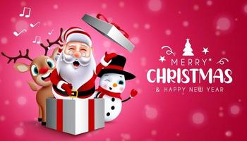 Christmas characters vector background design. Merry christmas and happy new year text with santa claus, reindeer and snowman singing carol in gift box for xmas greeting card. Vector illustration.