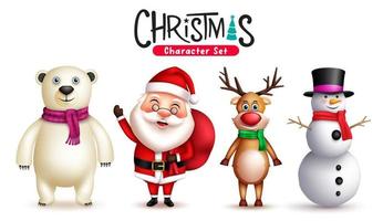 Christmas characters vector set. Santa claus 3d xmas character with snowman, reindeer and polar bear for christmas friendly facial expressions design collection. Vector illustration