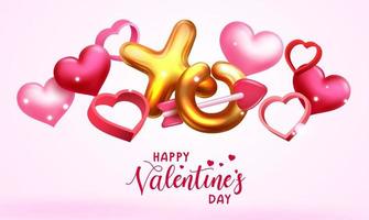 Valentines vector background design. Happy valentine's day text with floating gold balloons, hearts and arrow romantic elements for valentine celebration and greeting decor. Vector illustration.