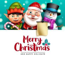 Merry christmas vector template design. Merry christmas text in white space with santa claus, elf and snowman friendly xmas characters for xmas greeting card. Vector illustration.