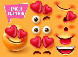 diseño de conjunto de vectores de creador de emoji. emoticon 3d enamorado y personaje feliz con elementos editables de ojos, corazón y boca para emoticonos de expresión facial linda. ilustración vectorial