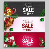 Conjunto de banner de vector de venta de Navidad. Texto de oferta especial de venta navideña con descuento de precio para promoción de compras de celebración navideña de temporada. ilustración vectorial.