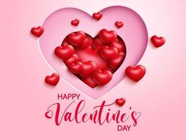 Diseño de fondo de vector de San Valentín. Feliz día de San Valentín texto de tipografía con corazones 3d en elemento de forma de corte de papel de corazón para el diseño de la tarjeta de celebración de San Valentín dulce. ilustración vectorial