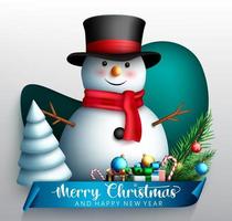 Christmas snowman vector concept design. Merry christmas greeting text in ribbon with smiling snow man character for xmas winter season celebration card. Vector illustration.