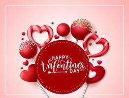 Valentines greeting card vector  template. Happy valentines day greeting text in circle frame with empty space for messages and valentine candy and lollipop elements in red background.