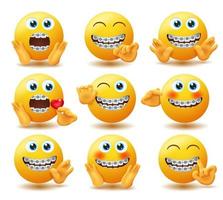 Emoji braces emoticon vector set. Emojis in dental brace characters with rich and soft hand gestures like surprised and waving hands for cute and jolly emoticons character design. Vector illustration