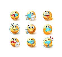Emoji covid-19 vaccine vector set. Emojis 3d vaccinated emoticon characters in healthy and safe facial expressions for coronavirus vaccination avatar collection design. Vector illustration