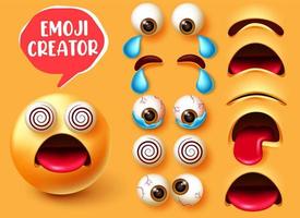 Emoji creator vector set design. Emoticon 3d character in dizzy facial expression with editable face elements like eyes and mouth for emojis creation design. Vector illustration