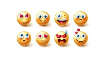 Emojis character vector set. Emoji 3d in happy and inlove facial reactions and expression isolated in white background for yellow emoticon graphic elements design. Vector illustration.