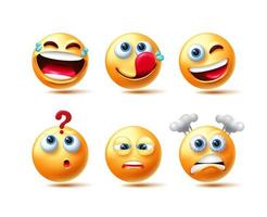 Emoticon character vector set. Emoticons 3d characters in laughing, thinking and yummy expressions for emoticons avatar emotion collection design. Vector illustration