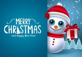 Christmas snowman character vector template. Merry christmas text in blue space for messages with snow man character holding gift for xmas greeting card design. Vector illustration.