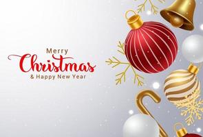 Merry christmas vector background design. Merry christmas text with falling xmas element like balls and snowflakes decoration with empty space for greeting card messages. Vector illustration