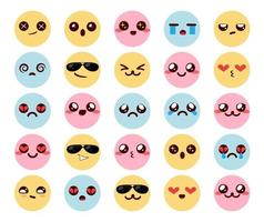 Conjunto de vectores de emoticonos coloridos kawaii. emoji chibi emoticon lindos personajes con expresiones de caras felices, sonrientes, amigables y tristes para el diseño de la colección de emojis kawaii. ilustración vectorial.