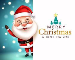 Christmas greeting vector template background. Merry christmas text with waving santa claus character in happy expression for xmas celebration card. Vector illustration