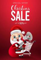 Christmas sale vector poster design. Santa claus character holding megaphone and shopping bag with christmas promotion text for xmas holiday advertisement. Vector illustration.