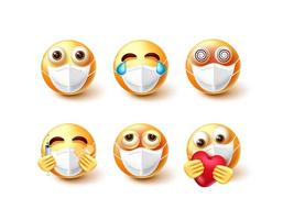 Emoji covid-19 vector set. Emoticons 3d characters in face mask with expressions of sick, dizzy and care for pandemic campaign emoticon collection design. Vector illustration