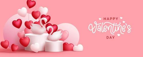 Valentines greeting vector design. Happy valentine's day text with couple swan in hanging hearts ornament background for lovers celebration decoration. Vector illustration.